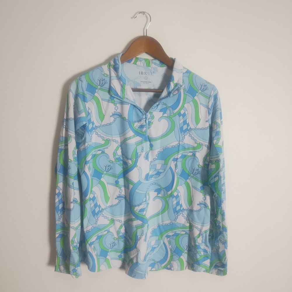 IBKUL Quarter Zip Pullover Women Large Blue Green Nautical Sun Shirt Preppy